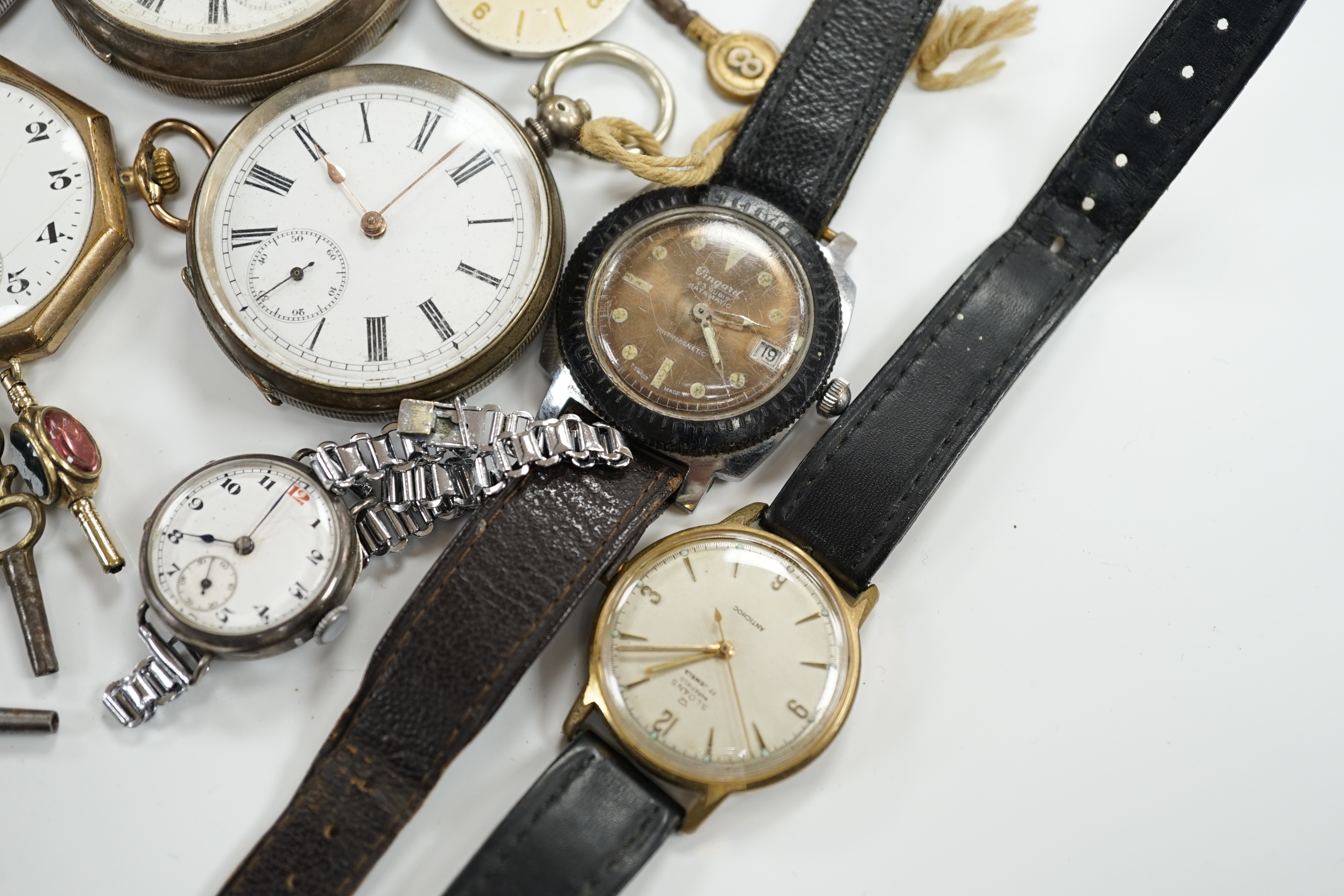 A small group of assorted pocket watches including silver and wrist watches including movements.